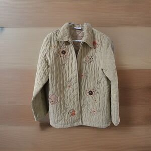 Alfred Dunner Tan Quilted Floral Embroidered Beaded Zip Up Jacket Womens Size 10